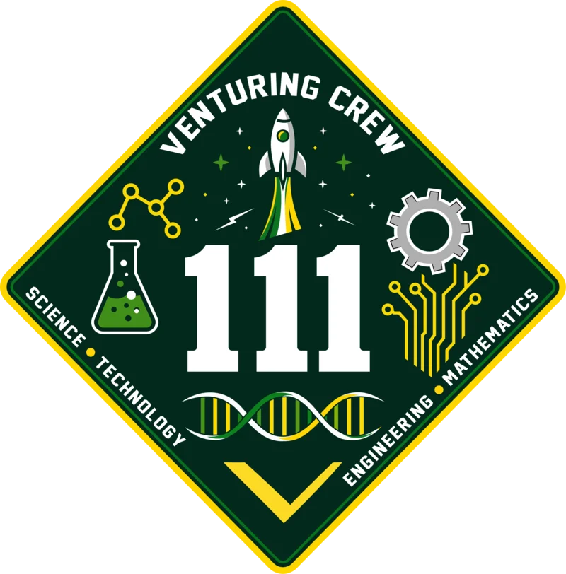 STEM Venturing Crew 111 logo: a green and gold diamond with a rocket, flask, gear, circuit traces, and DNA strand around the number 111